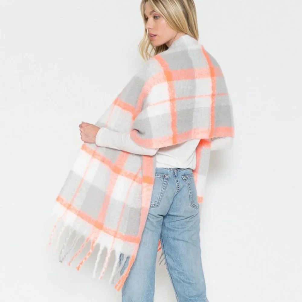 Gray, Orange & Ivory Plaid Scarf with Whimsical Fringe - Picture 2 of 8